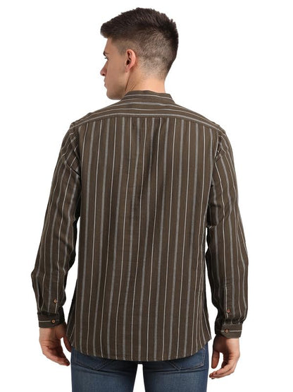 Turtle Men 100% Cotton Stripe Full Sleeve Casual Brown Kurta Shirt