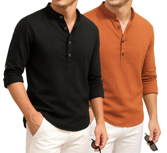Deelmo Combo Of MenS Cotton Blend Solid Regular Fit Full Sleeve Short Kurta | MenS Trendy Short Kurta Pack Of 2 Black - Orange