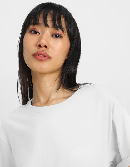 Juneberry Pure 100% Cotton Oversized Loose Baggy Fit Round Neck With Drop Shoulder White & Swanwhite Half Sleeves Boyfriend T-Sh