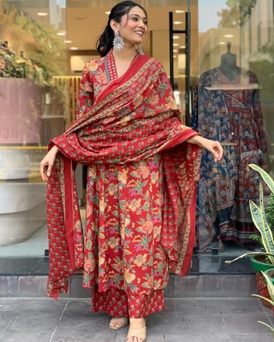 GoSriKi Women's Anarkali Kurta Set with Palazzo & Dupatta, Red, Medium, Model CIA-CLRS-GS
