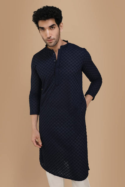 Manyavar Ravishing Chikankari Embroidered Navy Blue Kurta Set