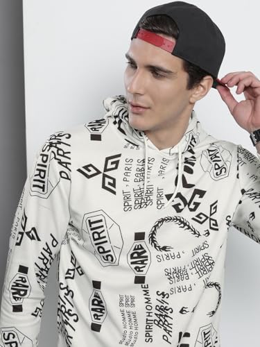 The Indian Garage Co Men White Regular Fit Abstract Print Hooded Sweatshirt