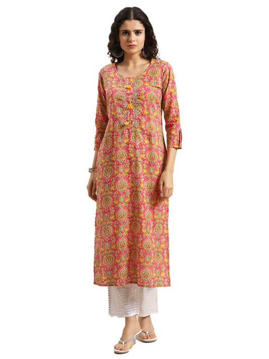 Varanga Women Pink and Yellow Floral Printed Straight Kurta with Round Neck, Three-Quarter Sleeves, Straight Hemline, and Side Slits