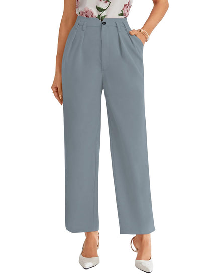 Shasmi Womens Sky Blue High Waist Pleated Straight Leg Trousers  Elegant Solid Color Work Pants with Pockets, Casual Office Wear