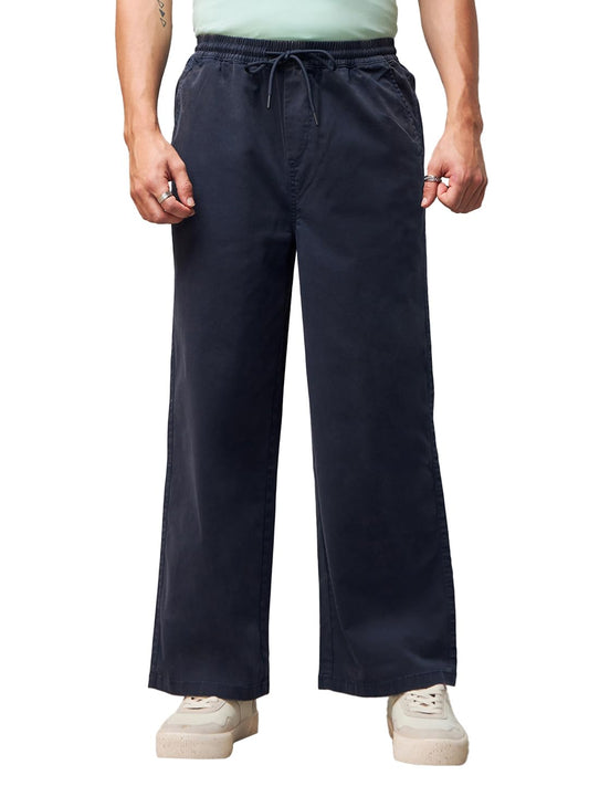 Bewakoof MenS Solid Straight Fit Cotton Spandex Blend Casual Pants_617483_Blue_32