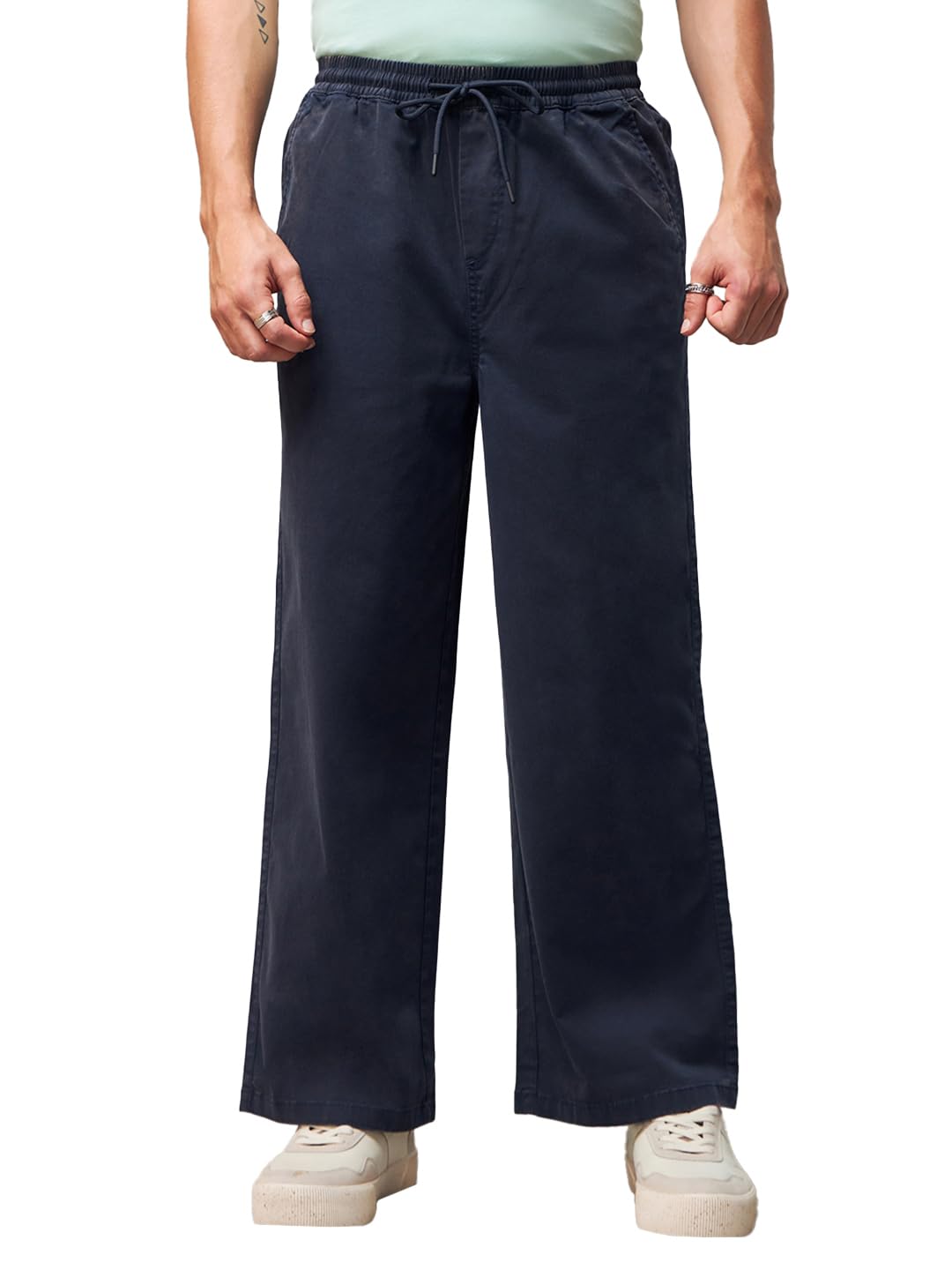 Bewakoof Mens Solid Straight Fit Cotton Spandex Blend Casual Pants_617483_Blue_34
