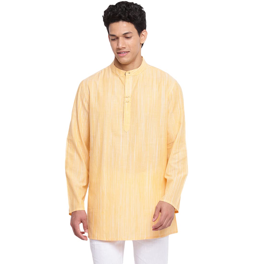 Fabindia Men Cotton Short Kurta Regular Fit Yellow_M