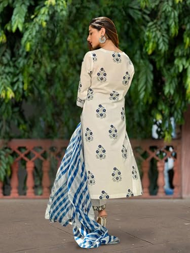 Pinkmint WomenS Hevy Cotton Blend White&Yellow Kurta Set L Stitched Printed Dupatta Set L Stylish Women Festival Dress (Pack Of