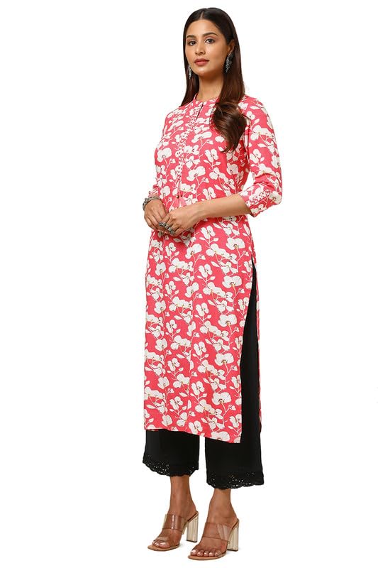 Soch Womens Pink Rayon Floral Print Kurta With Faux Mirror
