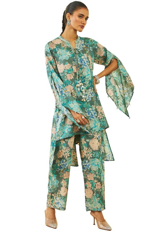 Soch Womens Teal Muslin Floral Print Co-Ord Set With Tasselled Neck Tie-Up