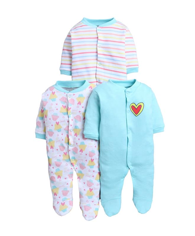 BUMZEE Baby Girls Cotton Full Sleeves Pack of 3 Sleepsuit Mint Green & White - New Born (Peb11013A-mgn)