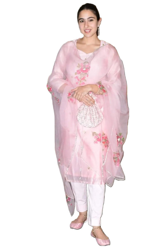 Gosriki WomenS Organza Straight Printed Kurta With Pant & Dupatta (Mala Pink-Gs_Xxl_Pink_Xx-Large)