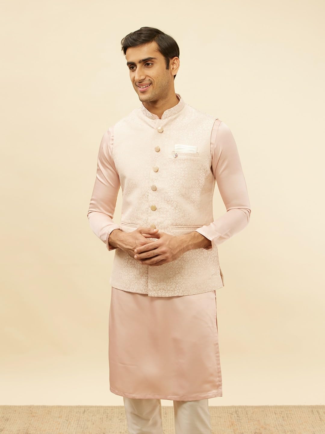 Manyavar Mens Pink Brocade Jacquard Jacket