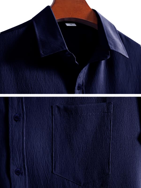 Pinkmint Mens Popcorn Shirt Comfortable Short Sleeve Shirts Casual Textured Shirt (Pack of 1) Navy Blue