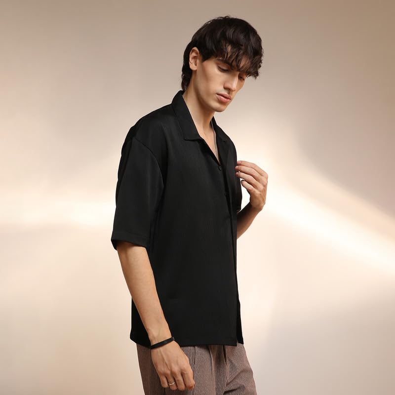 Campus Sutra Mens Onyx Black Solid Crinkle Oversized Shirt for Casual Wear | Cuban Collar | Short Sleeve | Button Closure | Ove