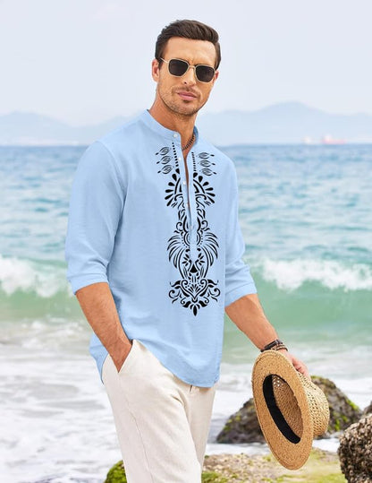 Finivo Fashion MenS Cotton Blend Short Kurta With Bold Printed Front Design | Full Sleeve Ethnic Casual Kurta With Mandarin Coll