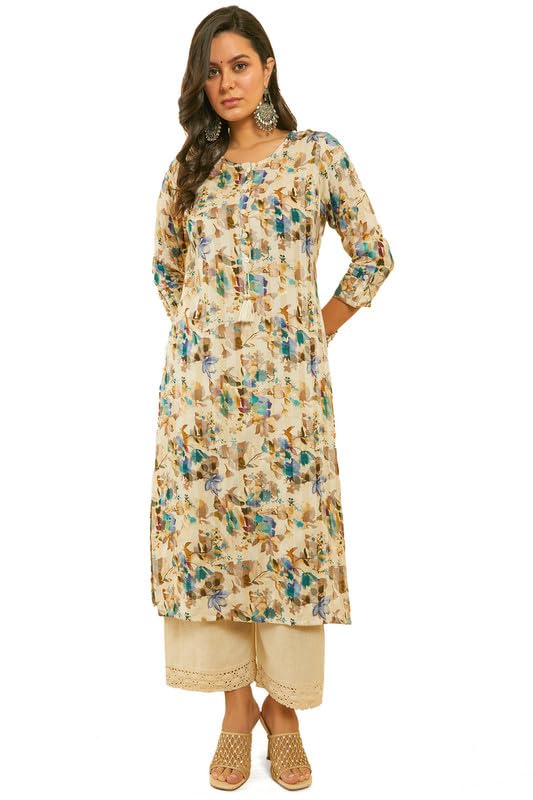 Soch Womens Blue Floral Print Rayon Kurta With Kantha Weave