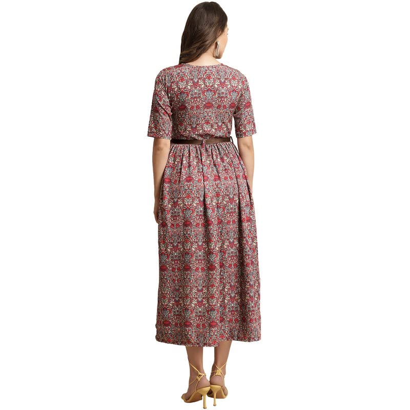 Preneum WomenS Georgette Floral Printed 3/4 Slevees A-Line Fit & Flare Gown With Beltindo-Western Ethnic Gown || A-Line Maxi Dr