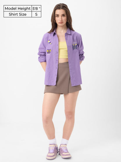 The Souled Store Butterfly Women & Girls Long Sleeve Collared Neck Button Down Relaxed Fit Cotton Shirts Purple