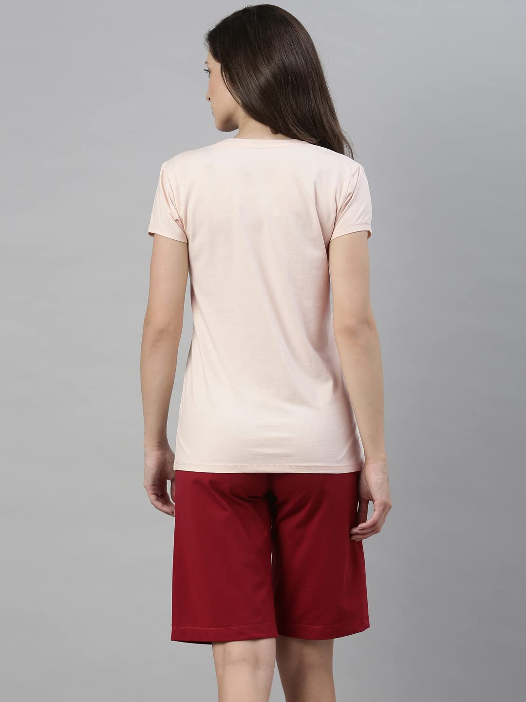Enamor Essentials Womens Short Sleeve Crew Neck Slim Fit Breathable Stretch Cotton Tee With Graphic - E147(E147-Rose Water / Li