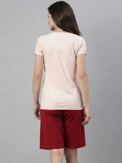 Enamor Essentials Womens Short Sleeve Crew Neck Slim Fit Breathable Stretch Cotton Tee With Graphic - E147(E147-Rose Water / Li