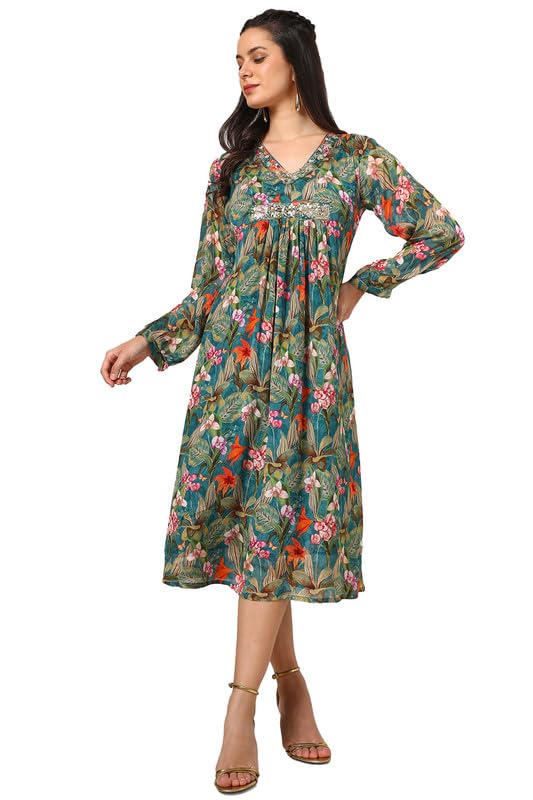 Soch Womens Teal Chinon Floral Print Dress With Sequence Work