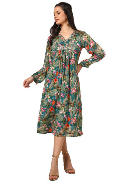 Soch Womens Teal Chinon Floral Print Dress With Sequence Work