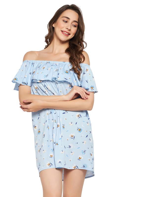 Clovia WomenS Crepe Pretty Florals Resortwear Bardot Dress In Blue (Rw0018P03_Blue_Xxl)