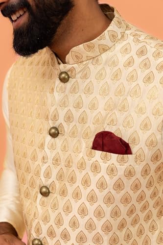 Kisah Men Gold-Toned Woven Design Nehru Jacket Ethnic Festive Waistcoat Cotton, Regular Fit