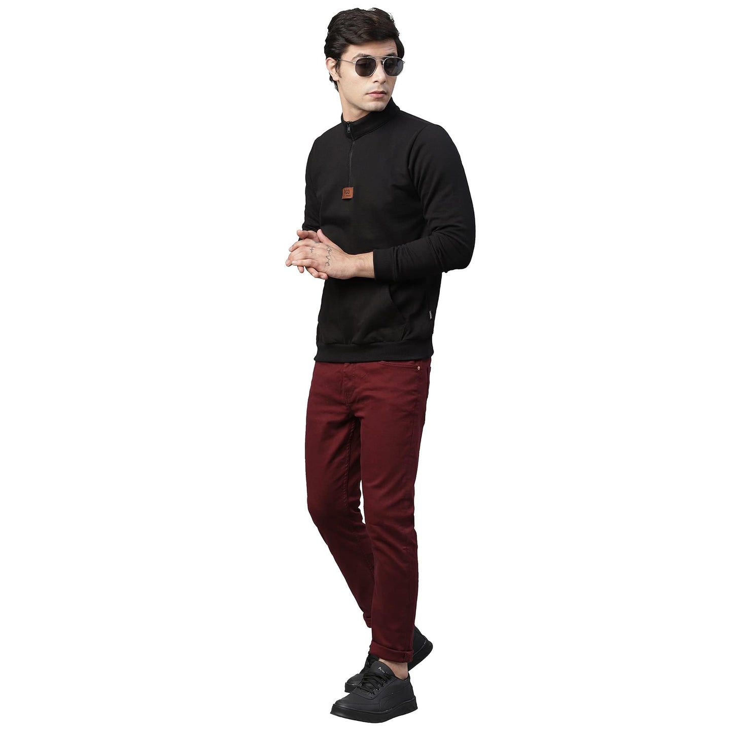 RIGO Mens Black Solid Full Sleeves High Neck Half-Zip Stand Collar Cotton Fleece Sweatshirt