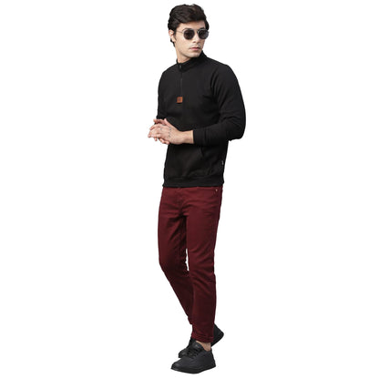 RIGO Mens Black Solid Full Sleeves High Neck Half-Zip Stand Collar Cotton Fleece Sweatshirt
