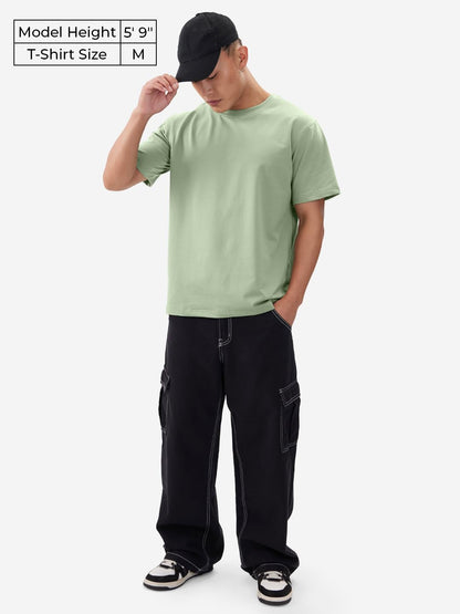 The Souled Store Solids: Serene Green Men and Boys Short Sleeves Round Neck Regular Fit Cotton Blend T-Shirts