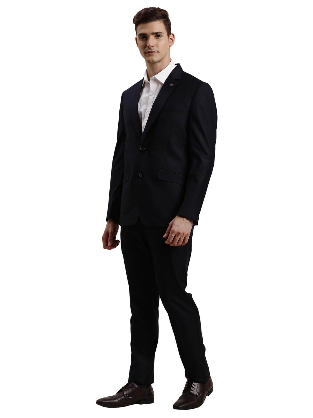 Turtle Men Poly-Viscose Solid Full Sleeve Two Piece Navy Formal Suit