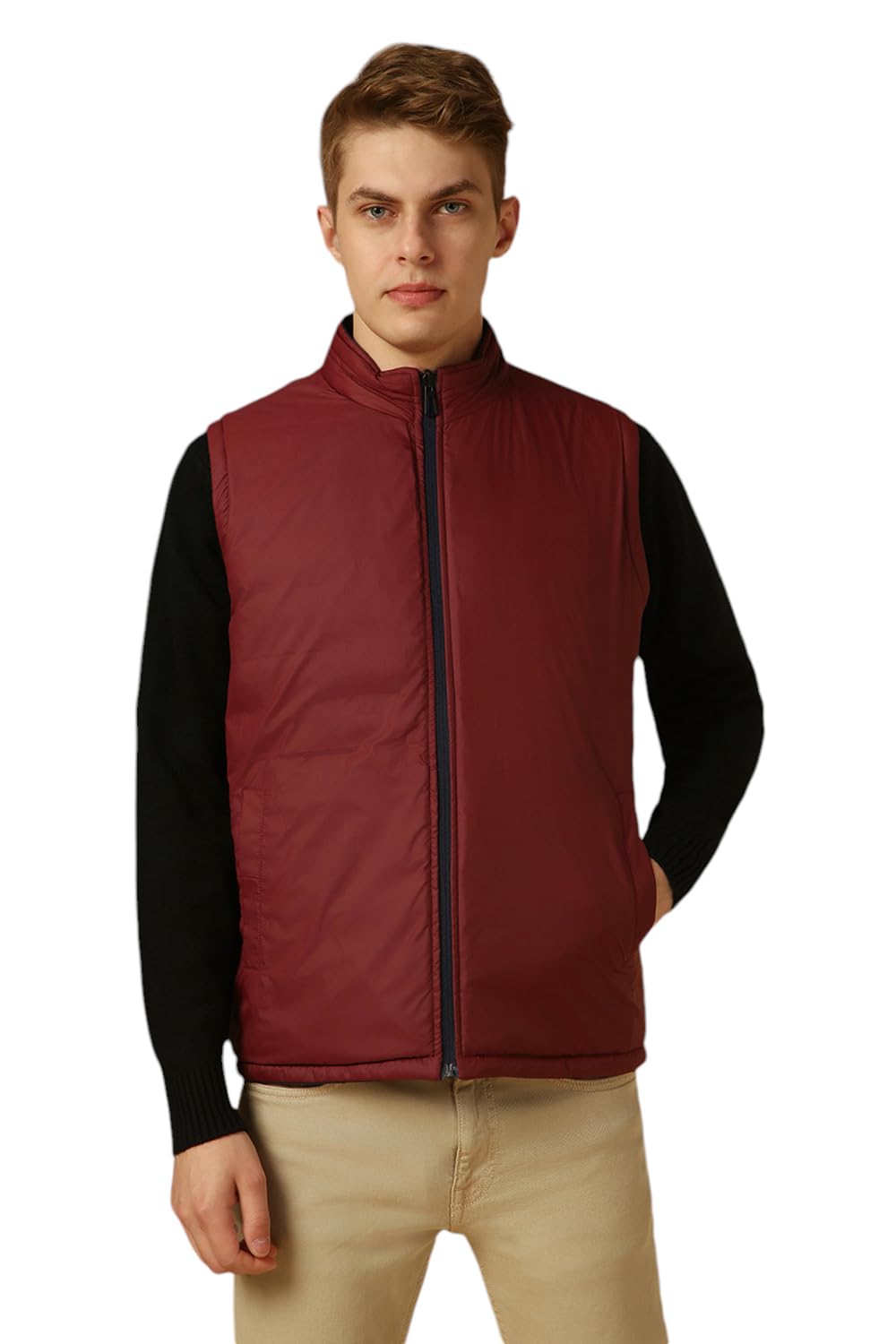 Dennis Lingo Men Navy Blue Solid Regular Fit Sleeveless Mock Collar Padded Jacket