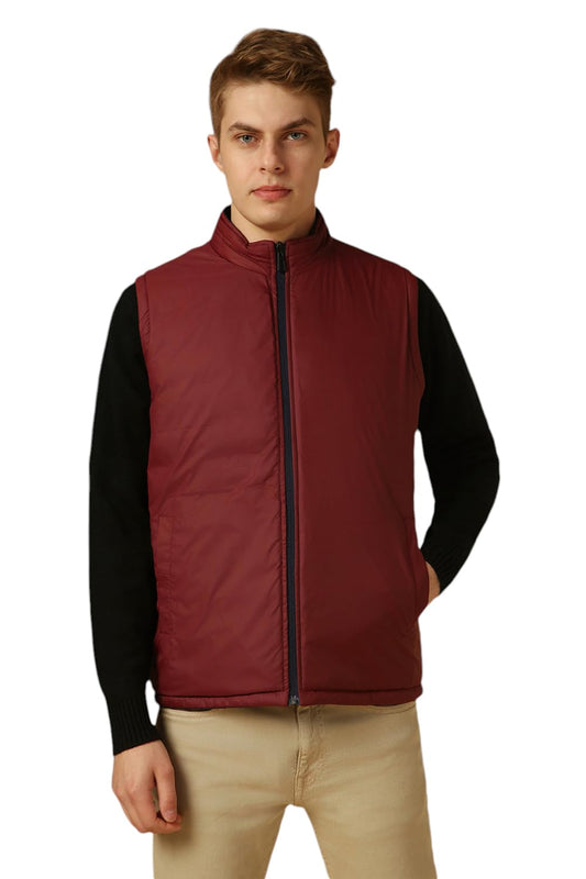 Dennis Lingo Men Navy Blue Solid Regular Fit Sleeveless Mock Collar Padded Jacket