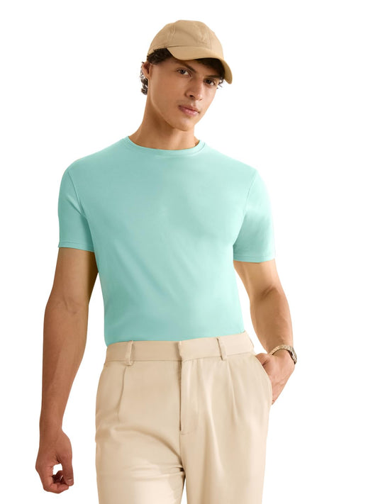 The Souled Store Aqua Blue Men and Boys Short Sleeve Round Neck Solid Regular Fit Cotton Supima T-Shirts