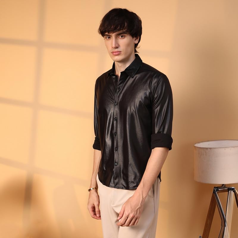 Campus Sutra Mens Obsidian Black Solid Suede Shirt for Casual Wear | Spread Collar | Long Sleeve | Button Closure | Shirt Craft