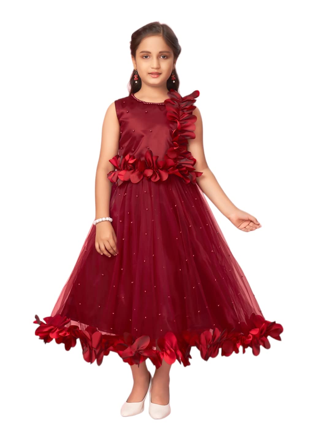 Aarika Girl's Nylon Fit and Flare Floor Length Dress (New_G-16000_Maroon