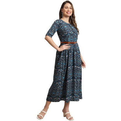 Preneum WomenS Georgette Floral Printed 3/4 Slevees A-Line Fit & Flare Gown With Beltindo-Western Ethnic Gown || A-Line Maxi Dr