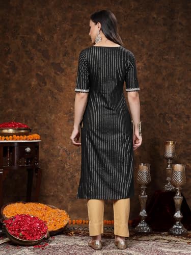 Stylum Womens Woven Design & Embroidered Lurex Cotton Straight Kurta Black