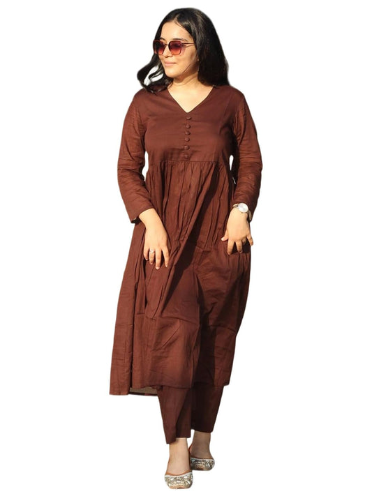 GoSriKi Womens Viscose A-Line Solid Co-ord Set Kurta with Palazzo (Hanifa Brown-GS_XXL_Brown_XX-Large)