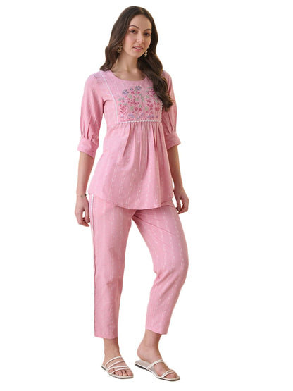 Stylum Womnes Solid & Embroidered Cotton Blend Kurti Pant Set