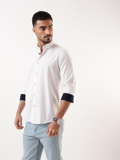 Dennis Lingo Men White Solid Spread Collar Full Sleeves Regular Fit Cotton Casual Shirt