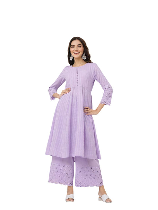 Ishin Cotton Schiffli Lavender Kurta With Solid Pants