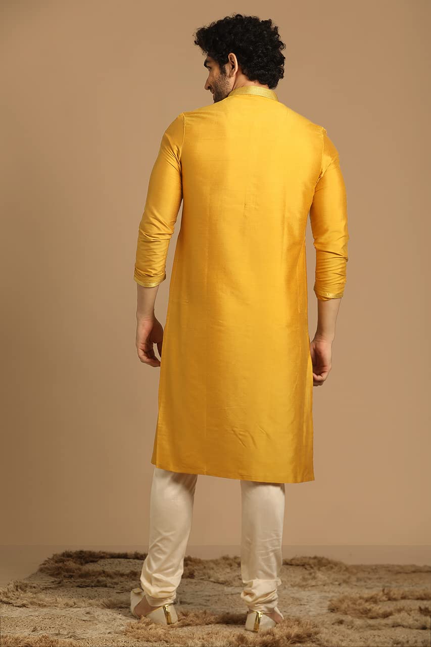 Manyavar Kurta Set for Men, Full Sleeves Mandarin Collar Ethnic Mens Kurta Set For Engagement, Wedding, Party Art Silk Solid (M