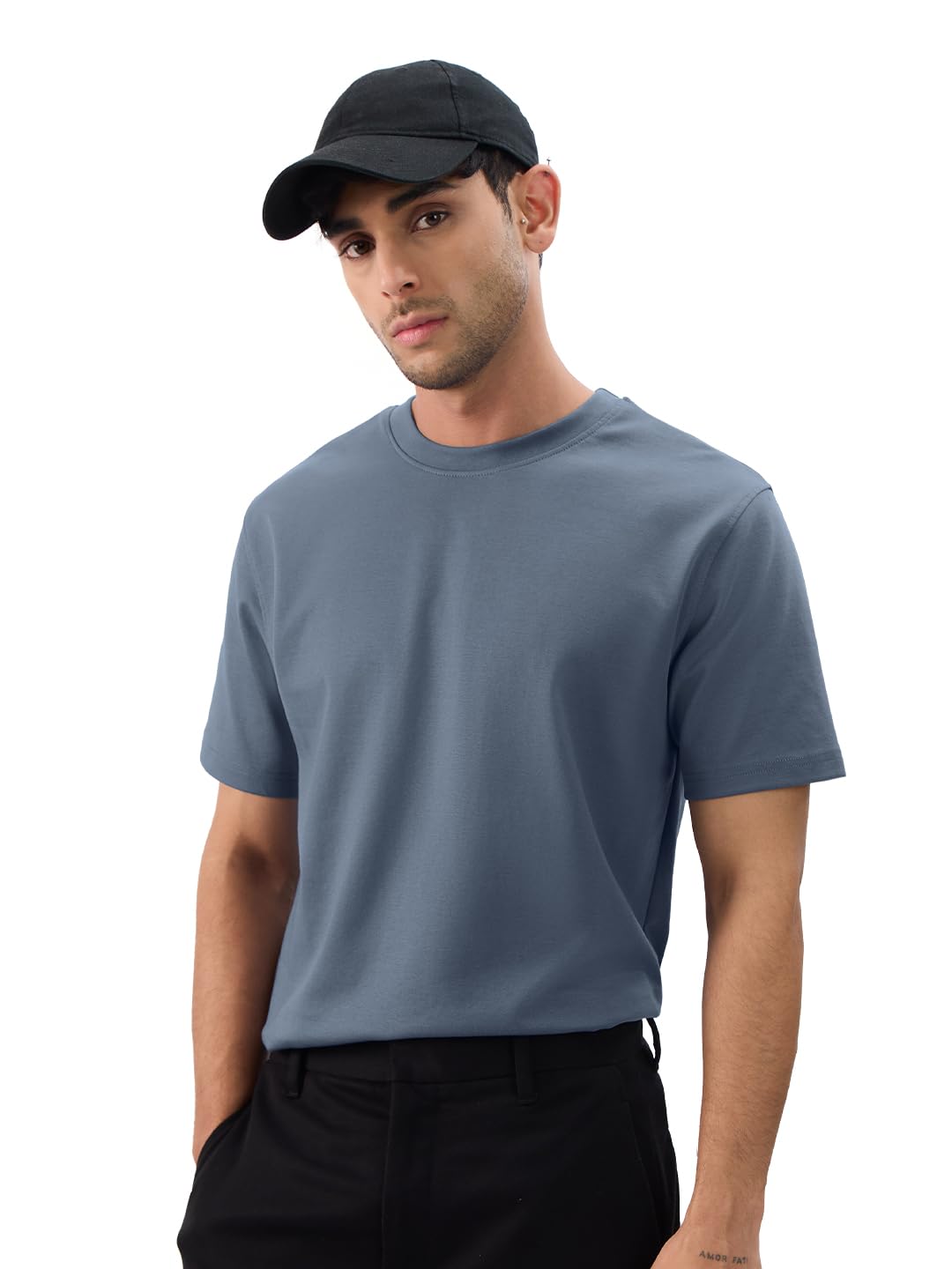 The Souled Store Solids: Vintage Blue Men and Boys Short Sleeves Round Neck Regular Fit Cotton T-Shirts