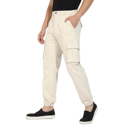 Campus Sutra Mens Pale Yellow Cuffed Hem Cargo Trousers for Casual Wear | 6 Pockets | Regular Fit | Button Closure | Cotton Pol