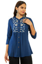 Soch Womens Teal Rayon Floral Embroidered Yoke A-line Tunic