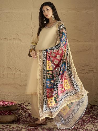 Varanga Women Elegant Beige Shimmer Kurta Set With Intricate Lace Detailing, Paired With Solid Trousers And Patola Printed Dupat