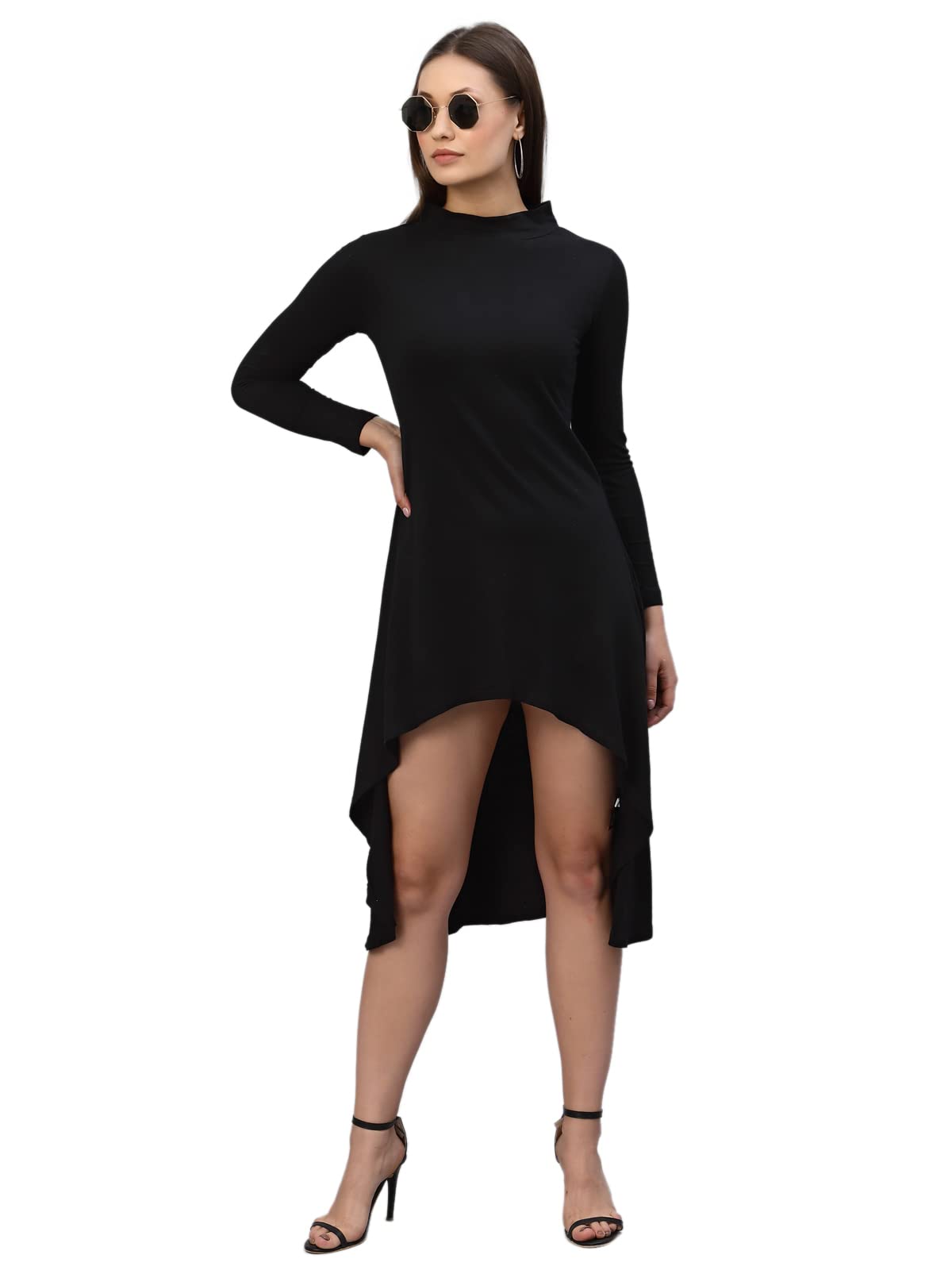 Rigo Women Black High-Low Full Sleeve Round Neck Dress